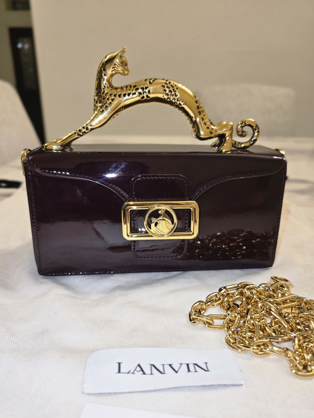 Lanvin Patent Mini Bag in Deep Plum with Gold Cat Handle - Picture 2 of 16